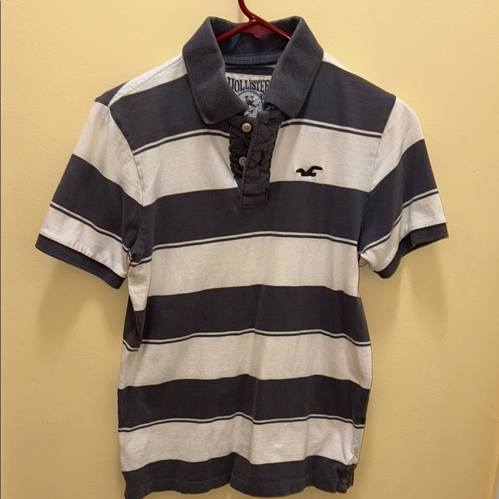 Hollister Gray and White Polo Shirt with Stripes